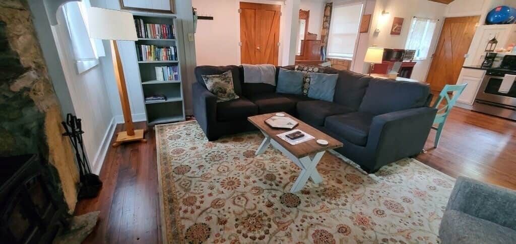 TV connectée, cheminée, livres, médiathèque