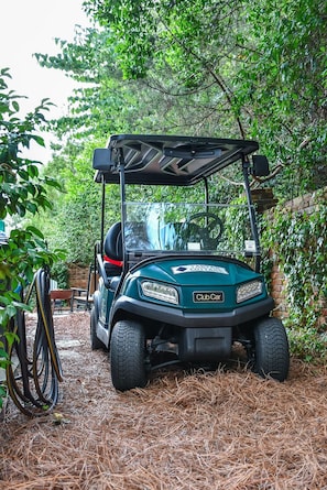 A green golf cart parked in a garden with a brick wall and dense foliage in the background.