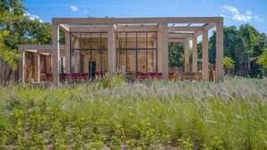 Ein modernes Gebäude mit Glasfassade, umgeben von dichter Vegetation.