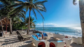 Ein Strand mit Liegestühlen und einer Palme.