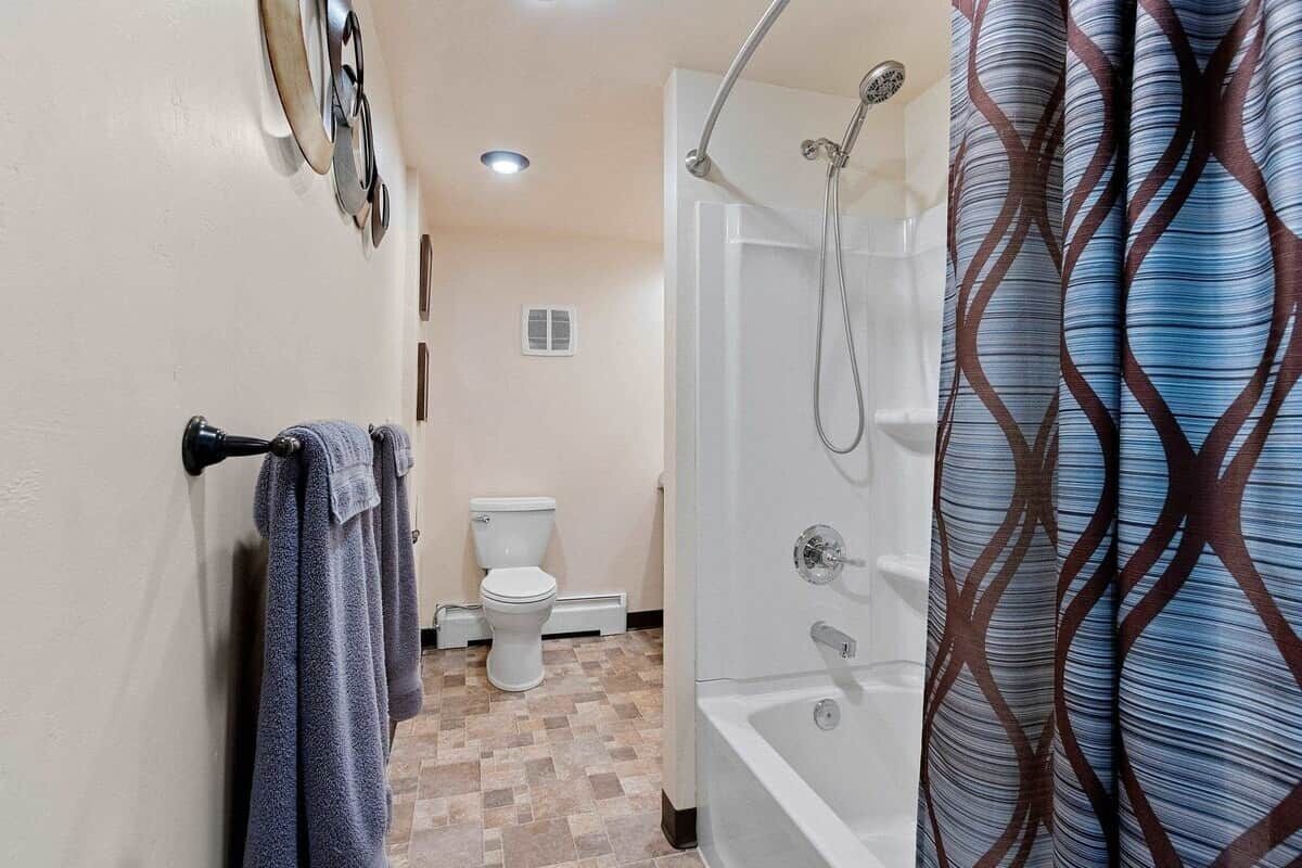 Hair dryer, towels, soap, toilet paper