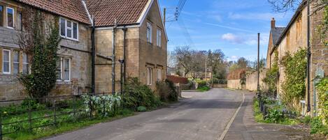A narrow street lined with traditional stone houses, some with ivy, leading to a residential area.