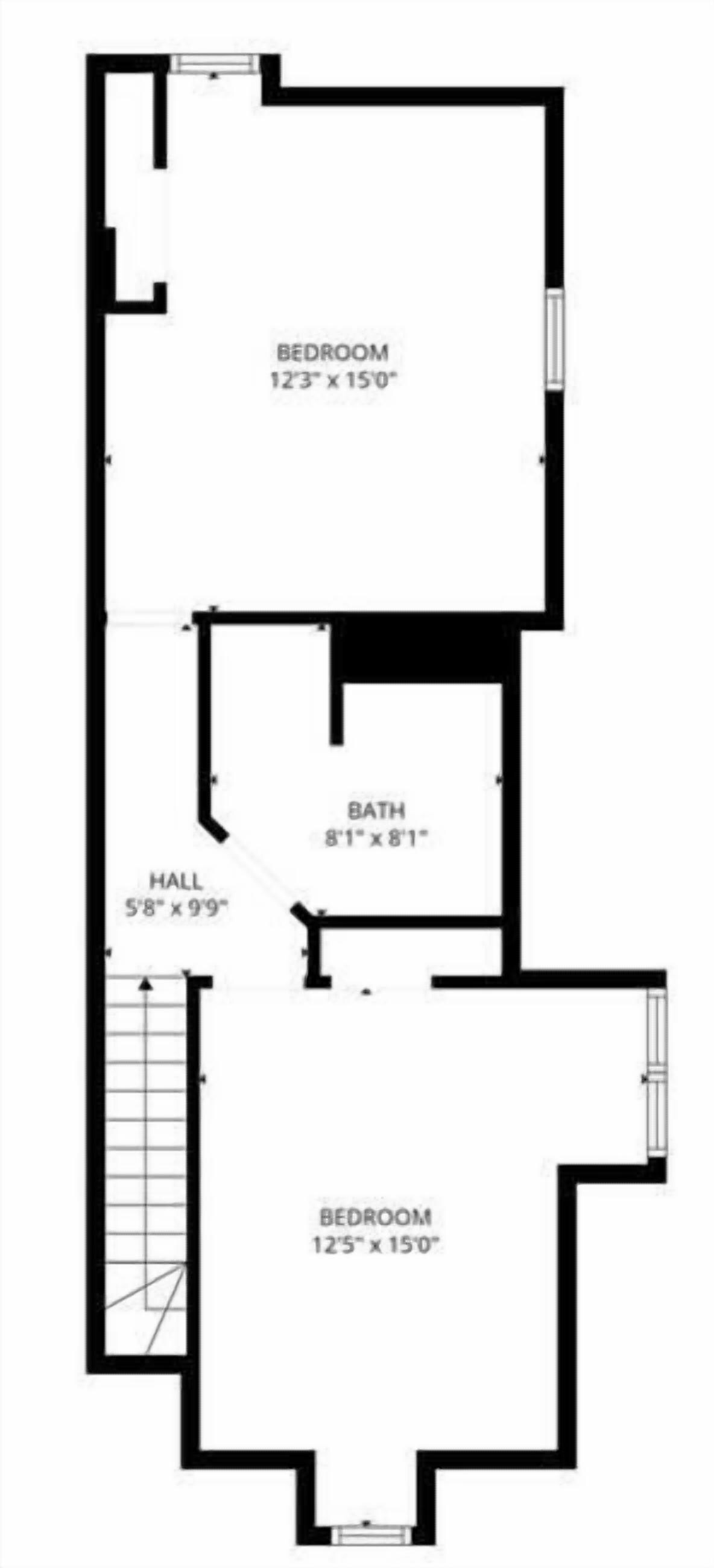 A floor plan with three bedrooms, a bathroom, and a hall.
