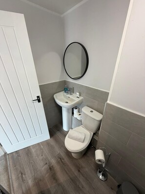 Un bagno con il water, un lavandino e uno specchio.