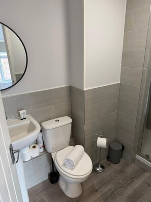 Ein Badezimmer mit Toilette, Waschbecken und Spiegel.
