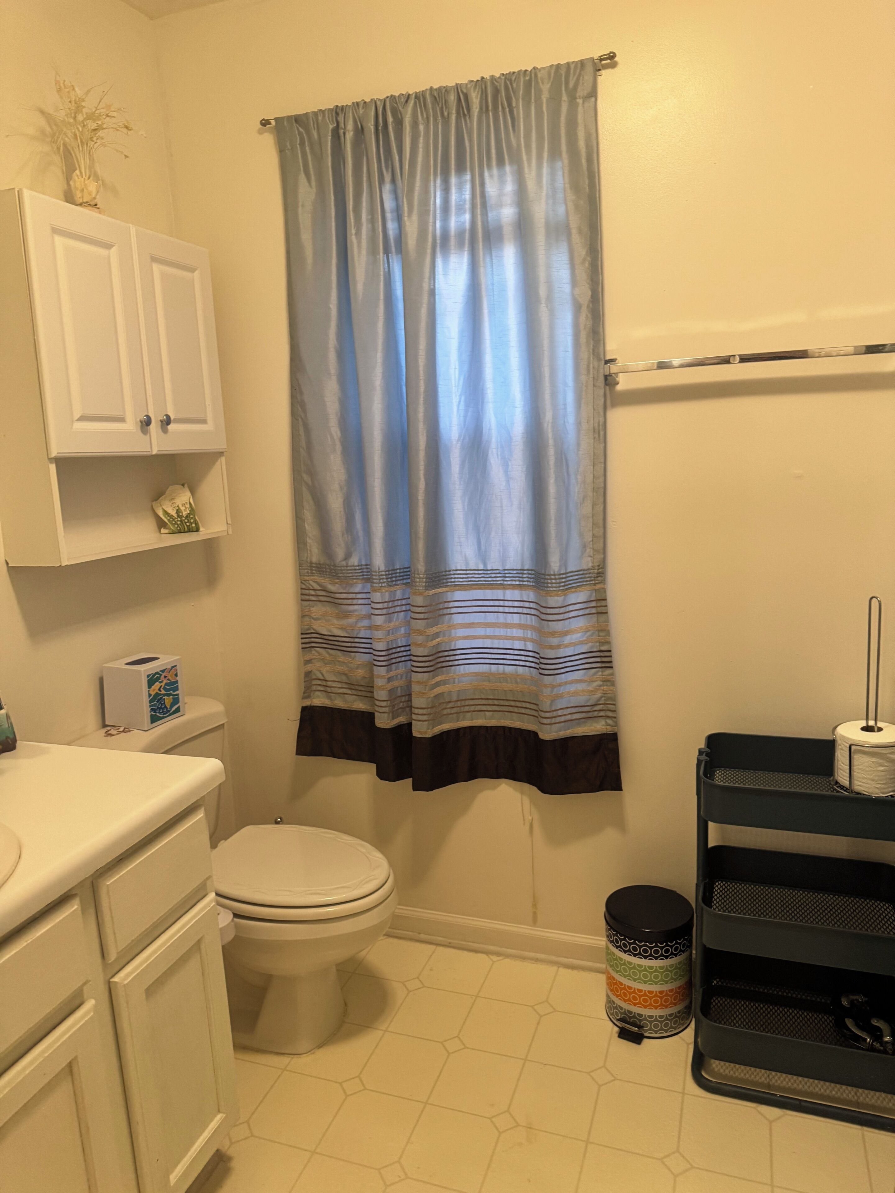 A bathroom with a toilet, a sink, a cabinet, a shower curtain, and a trash can.