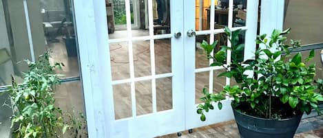 Una puerta blanca con paneles de vidrio, una planta en maceta a la izquierda y otra a la derecha.