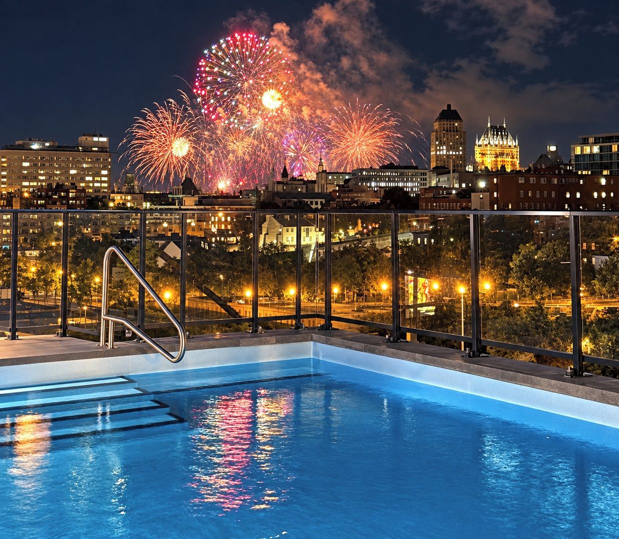 Une piscine sur le toit, avec une vue sur les toits de la ville et des feux d’artifice en arrière-plan.
