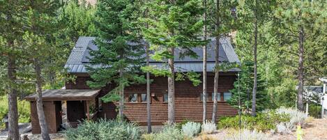 A cabin with a wooden exterior, surrounded by tall trees and a clear sky.