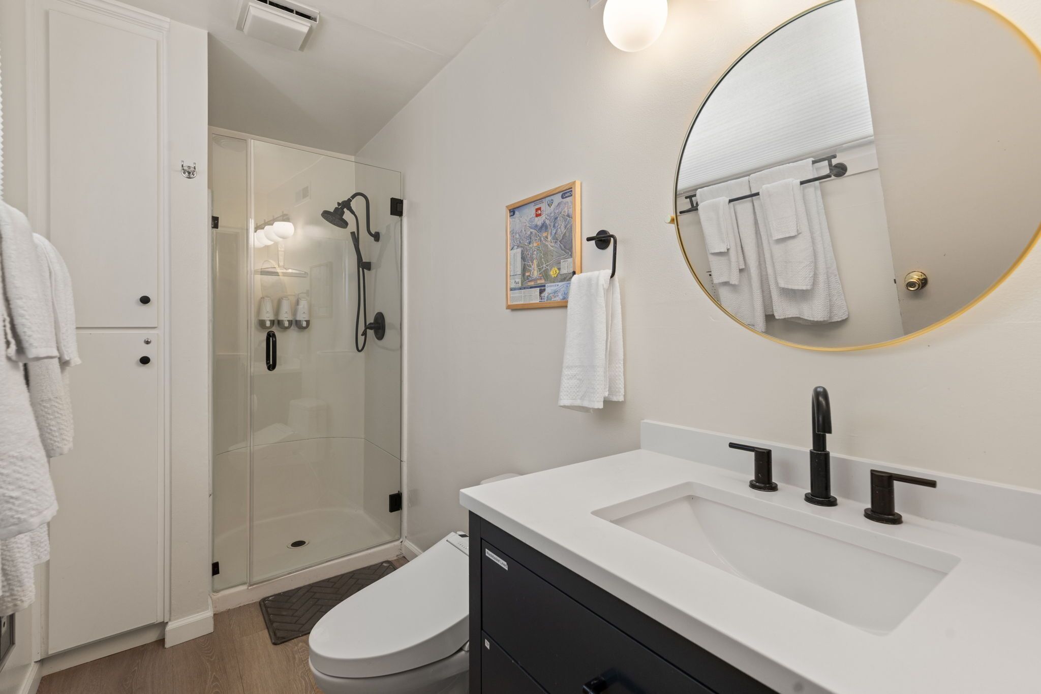 Shower, hair dryer, bidet, towels