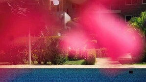 A swimming pool with clear water, surrounded by greenery and a building in the background. - Costa Azul Apt: Pool Access Near La Vela Mall (Costa Azul)