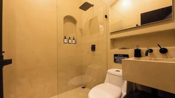 Shower, hair dryer, shampoo