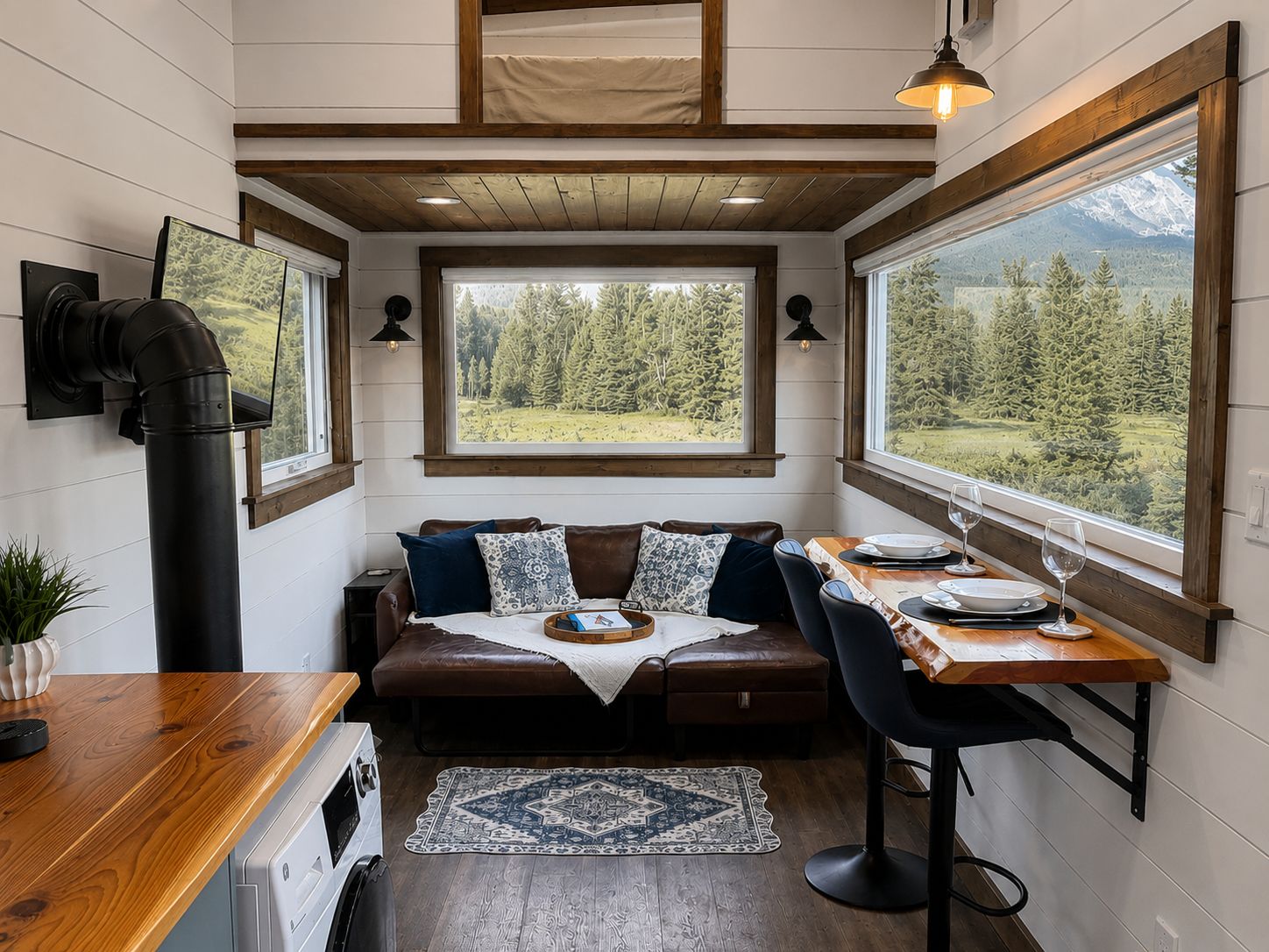 Een knus blokhutinterieur met een houten tafel, een leren bank en uitzicht op een bos door grote ramen.