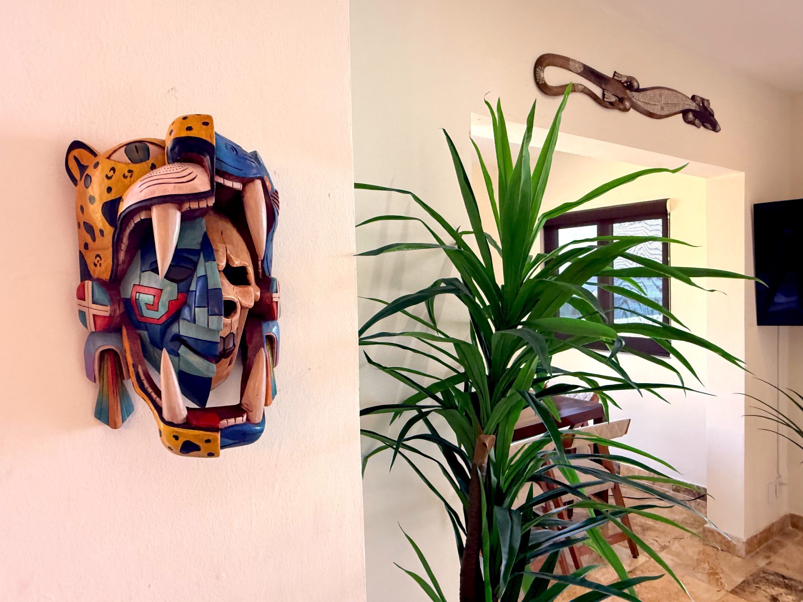 Une pièce décorée avec un élément décoratif fixé au mur et une plante en pot.