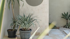 A modern interior with a tiled wall, a circular feature, and potted plants. - NAVA - Contemporary 3BR Villa (Badung)