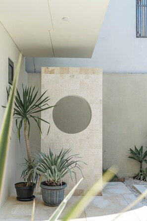 Ein modernes Interieur mit einer gefliesten Wand, einem runden Gestaltungselement und Blumentöpfen.