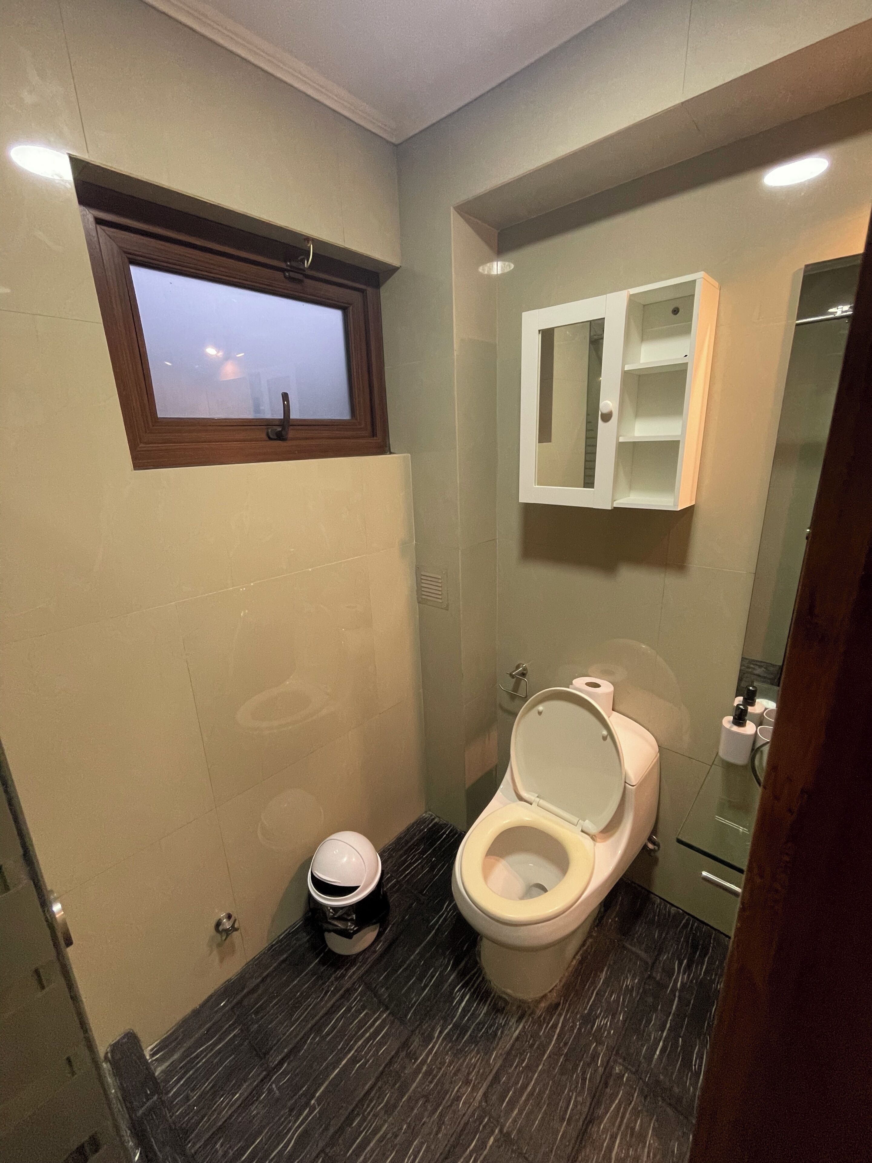 Un baño con inodoro, un bote de basura pequeño, una ventana y un espejo.