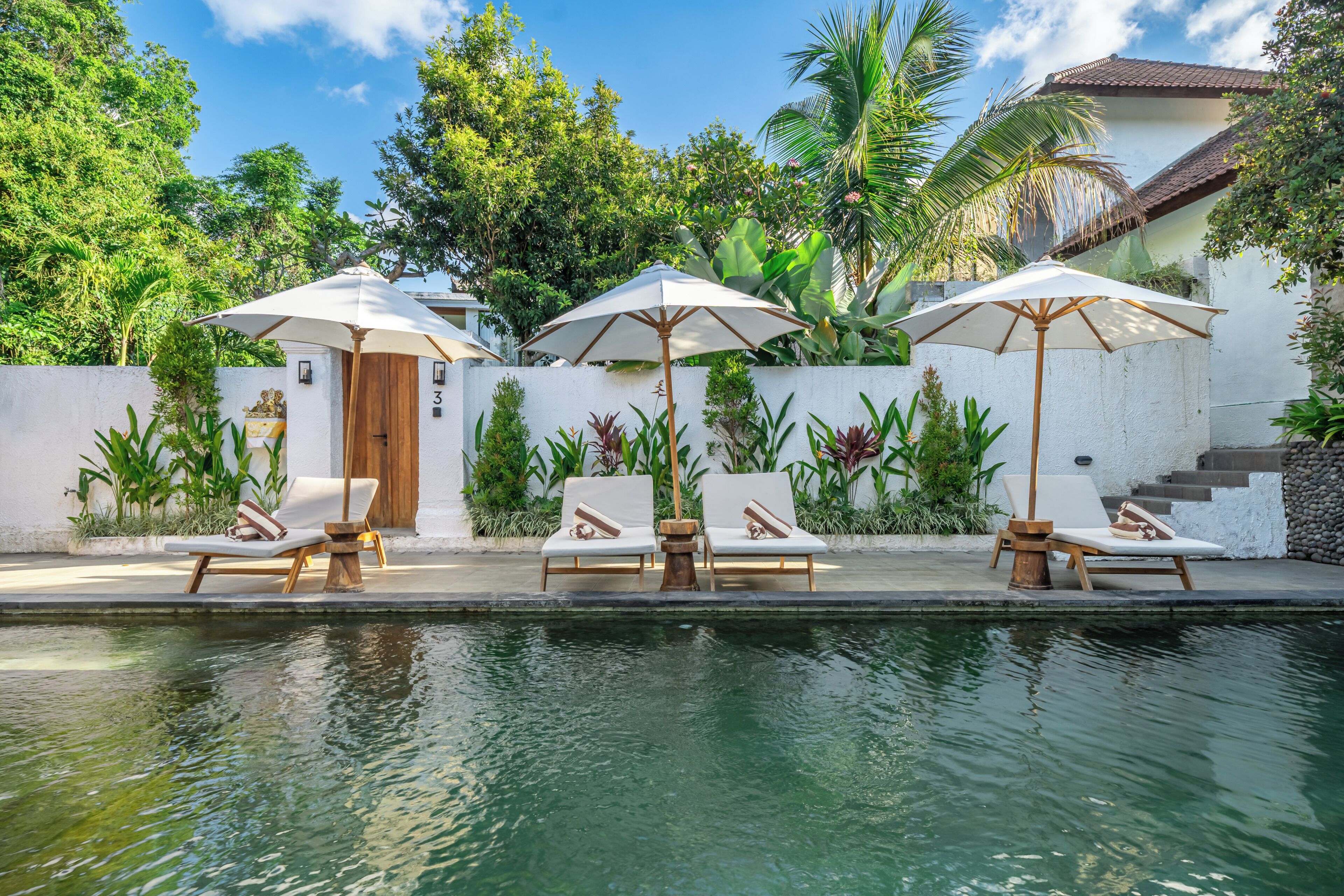 Zona junto a la piscina con sillones de descanso y sombrillas, rodeada de exuberante vegetación y un muro blanco.