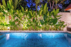 Ein Swimmingpool mit Steinrand und üppiger tropischer Bepflanzung.