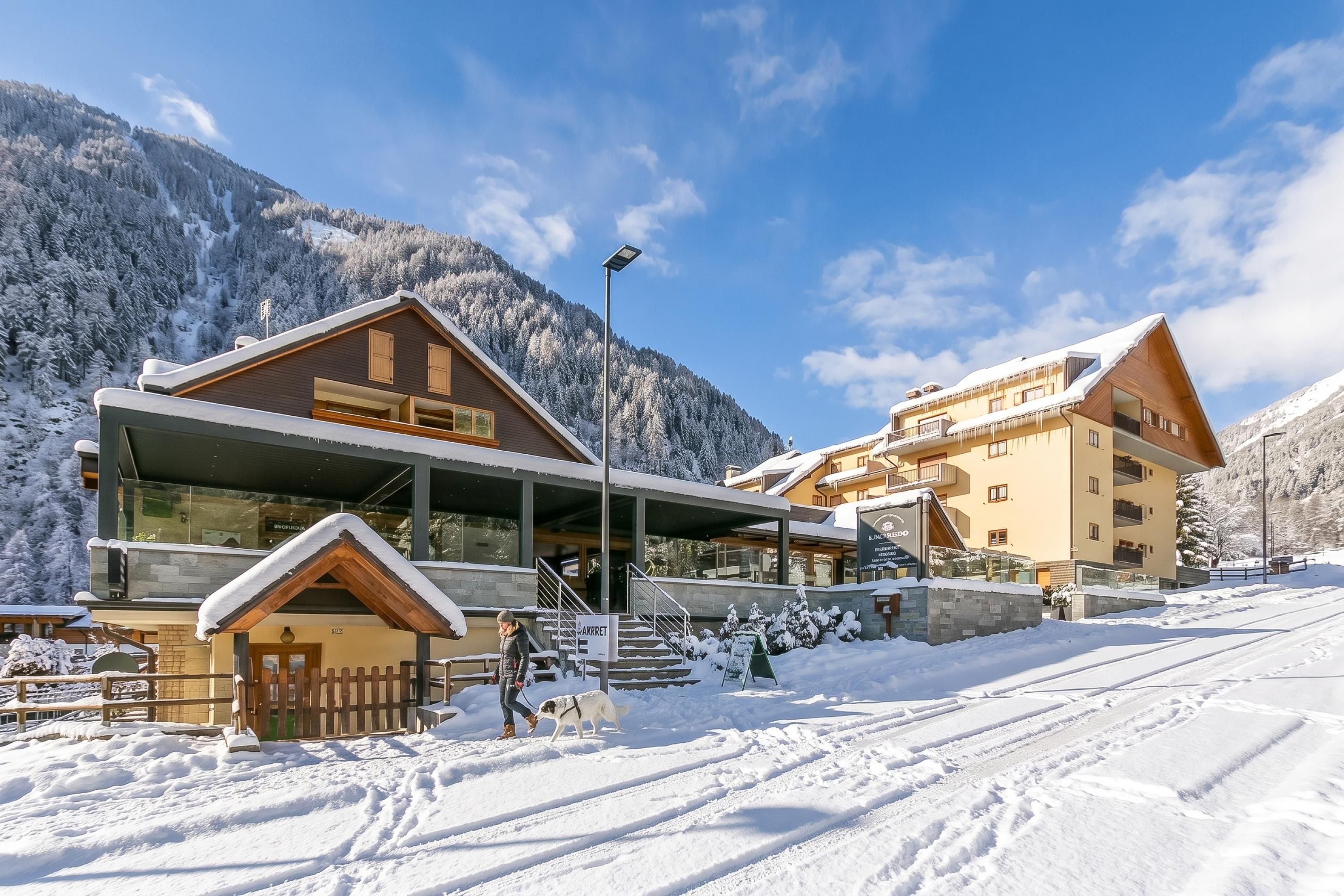 A modern ski resort building with a covered entrance, a wooden structure, and a mountain backdrop.