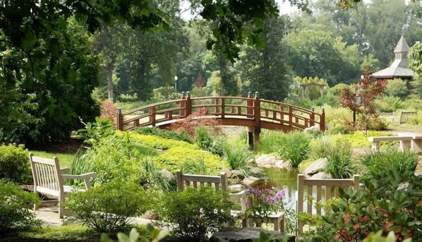 Een houten brug over een vijver in een tuin met banken en een tuinhuis.
