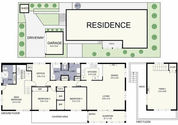 A floor plan of a residence with a garage, living room, dining area, kitchen, and bedrooms. - Seaside location close to all amenities (San Remo)