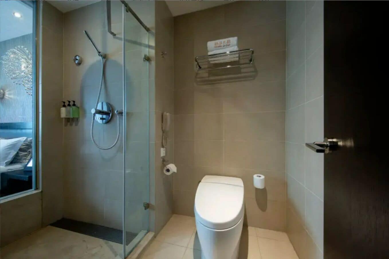 A bathroom with a glass-enclosed shower, a toilet, and a small shelf with toiletries.