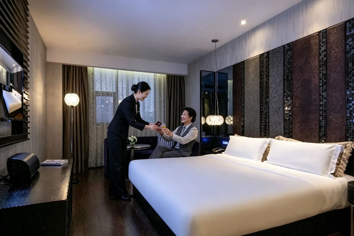 Kamar Double Bisnis, pemandangan kota | Selimut bulu angsa, brankas, dan ruang kerja ramah laptop