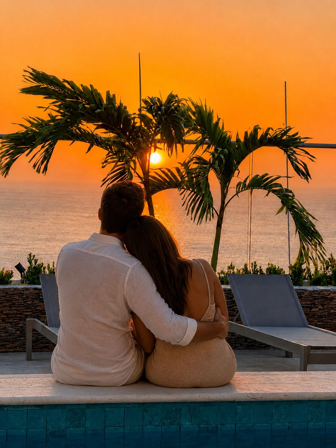 A couple sitting by a poolside during sunset, overlooking the ocean.