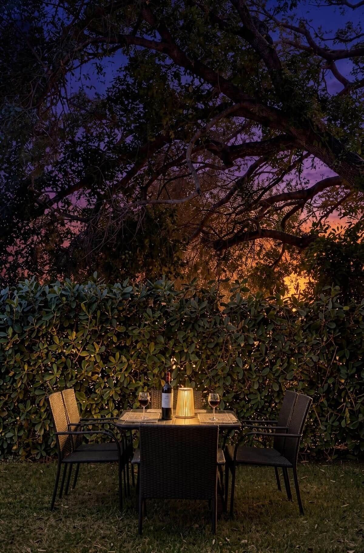 An outdoor dining area with a table set for two, surrounded by chairs, under a tree with a view of a sunset.