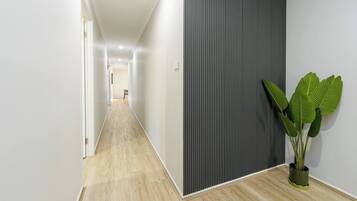 A hallway with a wooden floor, a grey vertical panel, and a potted plant.