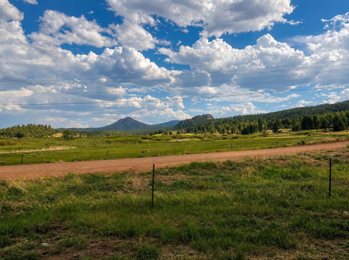 A rural landscape with a dirt road, grassy fields, and a mountain in the distance.