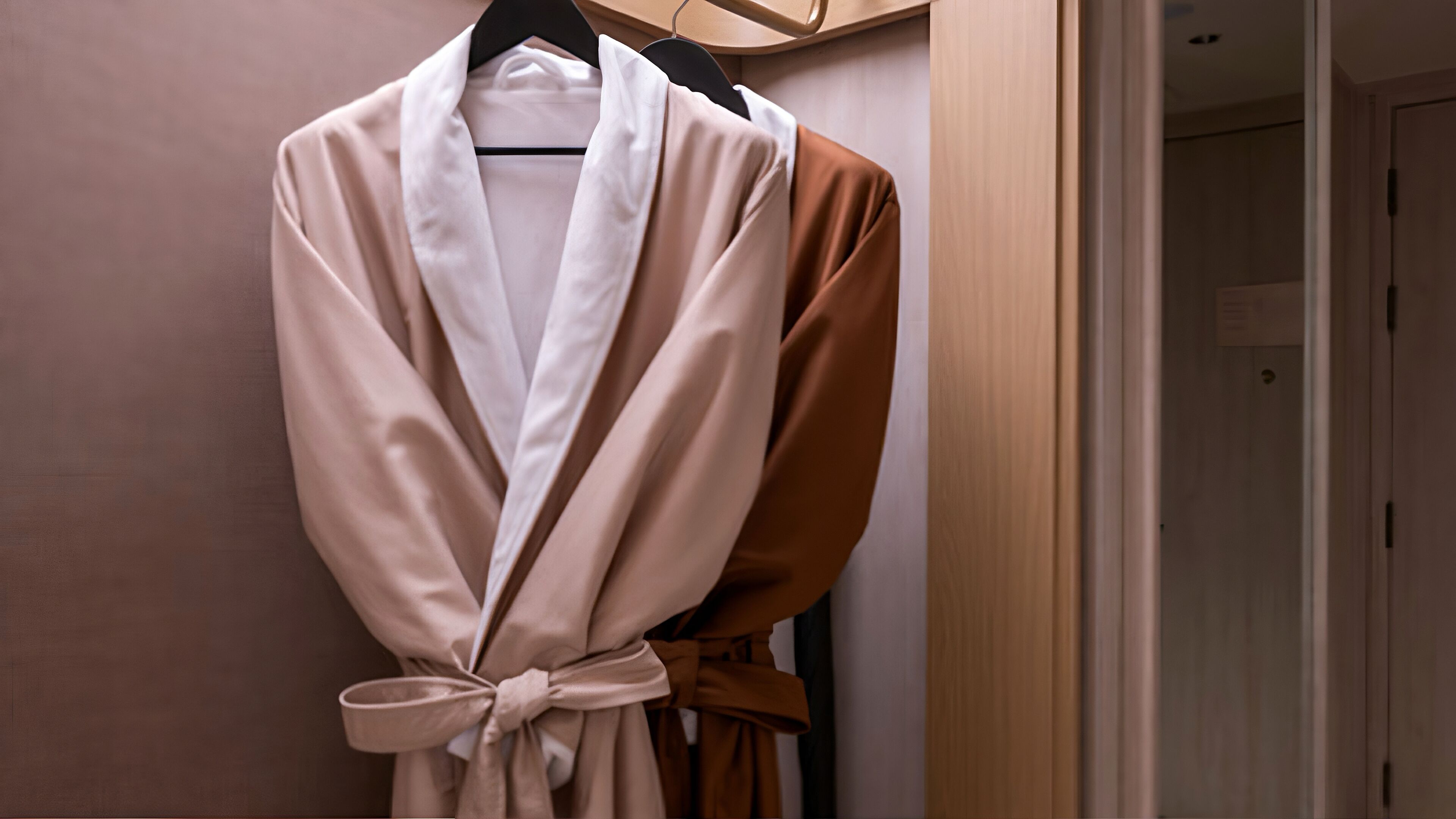 A robe hanging on a black hanger in a hallway with a wooden door and a light switch on the wall.