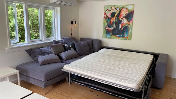 Ein kompaktes Zimmer mit Schlafsofa, Klappbett, kleinem Tisch und Fenster mit Blick auf Grünflächen.
