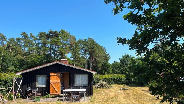 A rustic cabin with a wooden door, a table, and chairs outside. - Beautifully situated classic wooden summercottage (Hadsund)