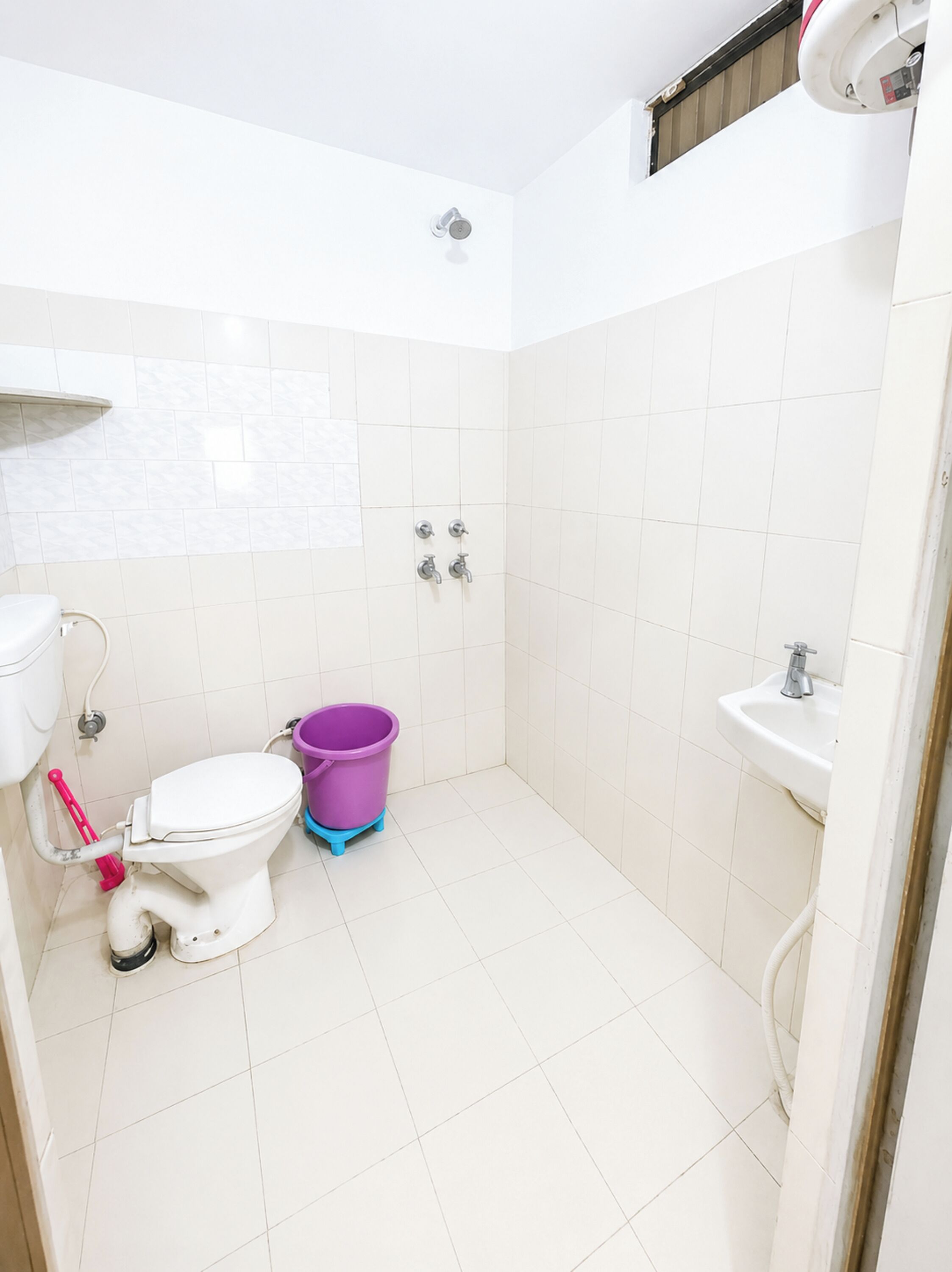 Shower, rainfall showerhead, slippers, towels