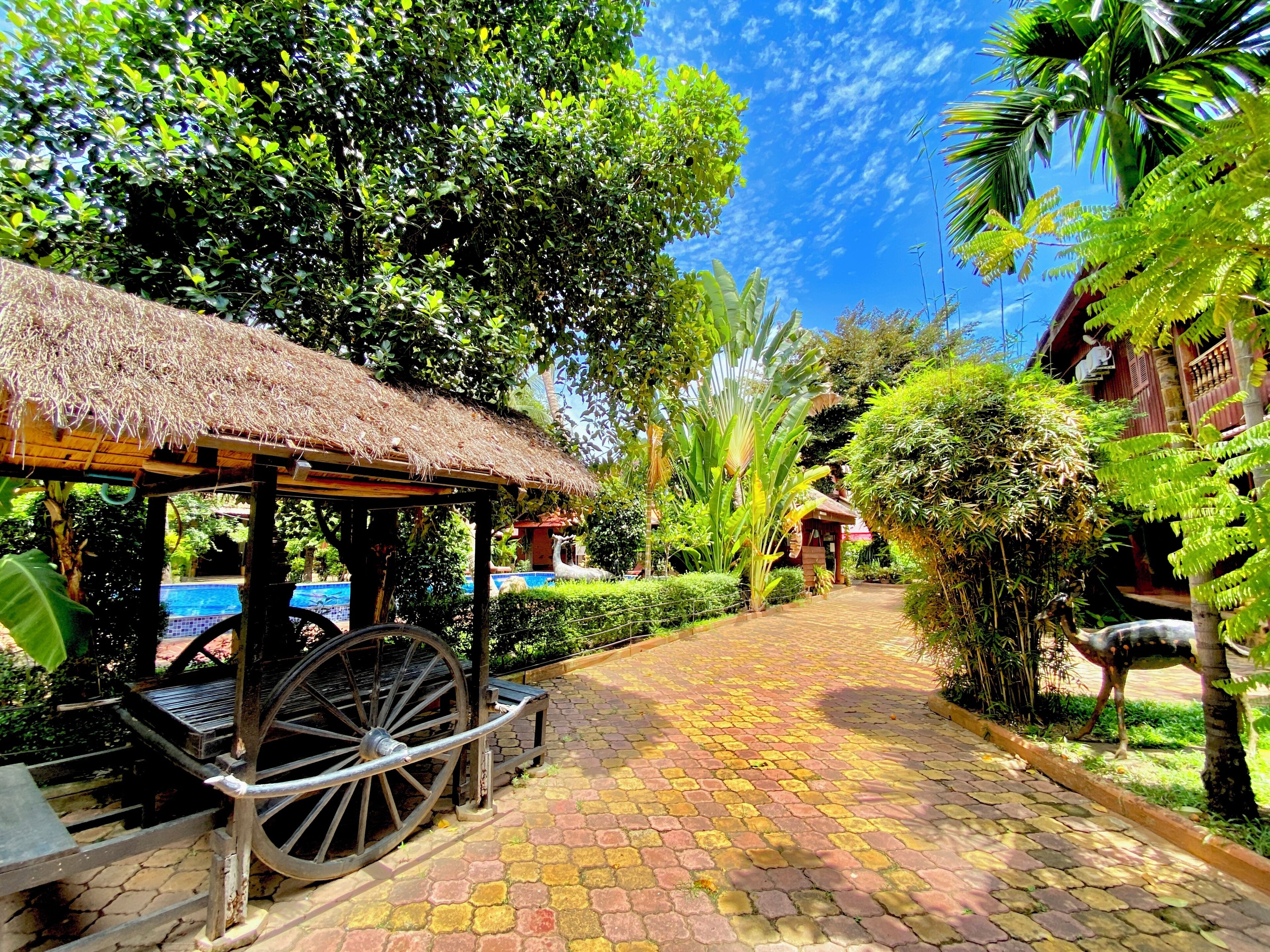 A pathway leading to a thatched-roof structure with a wheelbarrow, surrounded by lush greenery and a clear blue sky.