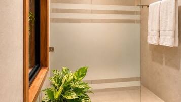 Shower, jetted tub, hair dryer, towels