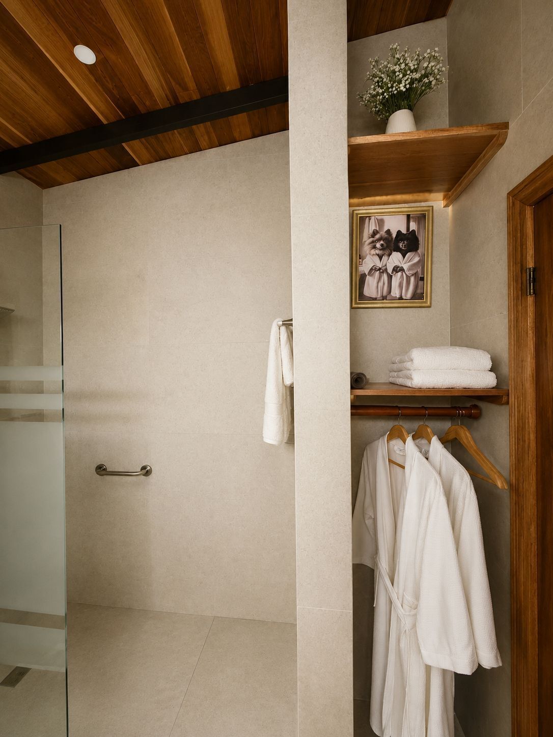 Shower, jetted bath, hair dryer, towels