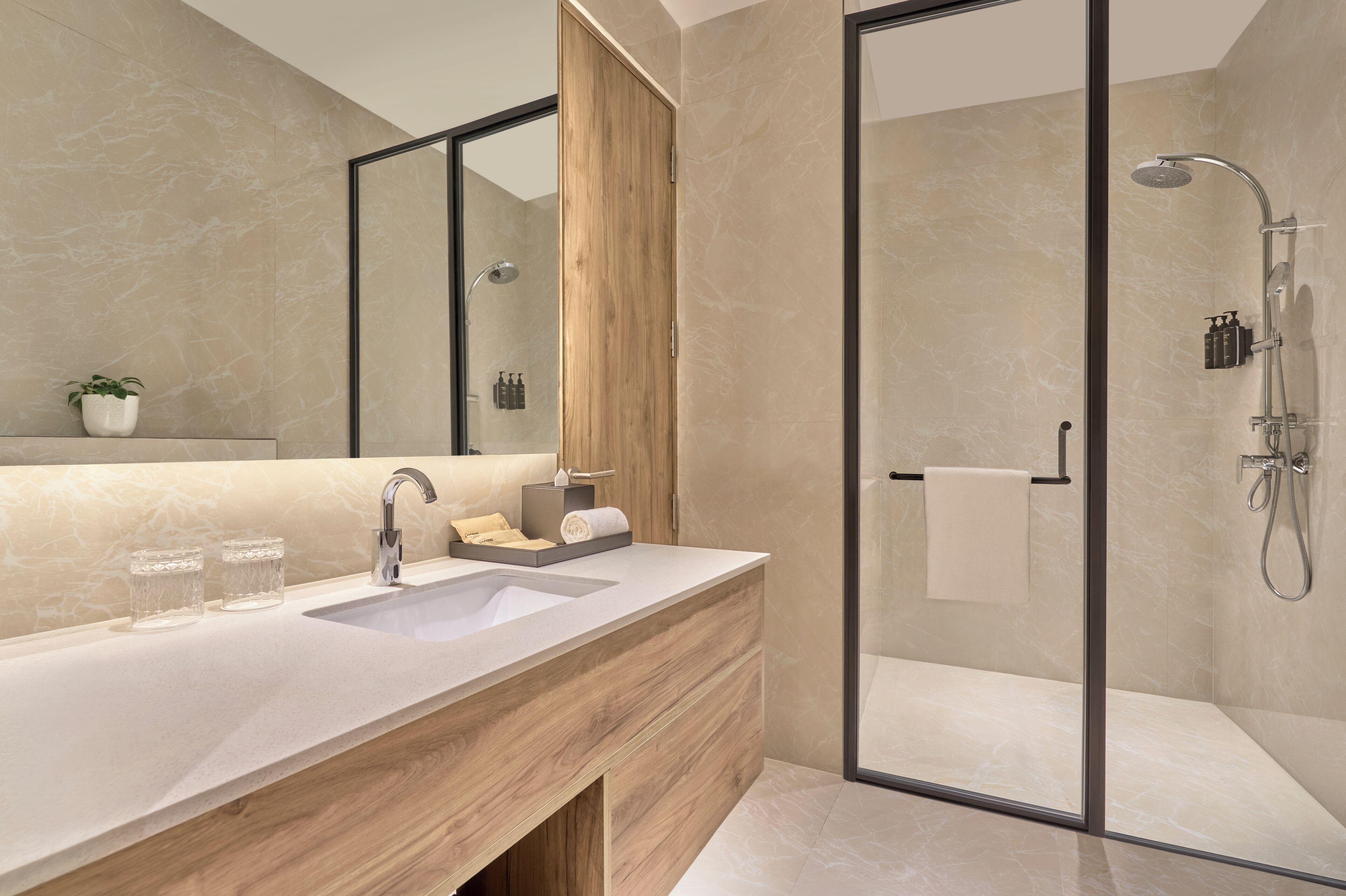 Une salle de bain moderne avec un meuble-lavabo en bois, une cabine de douche en verre et un grand miroir.