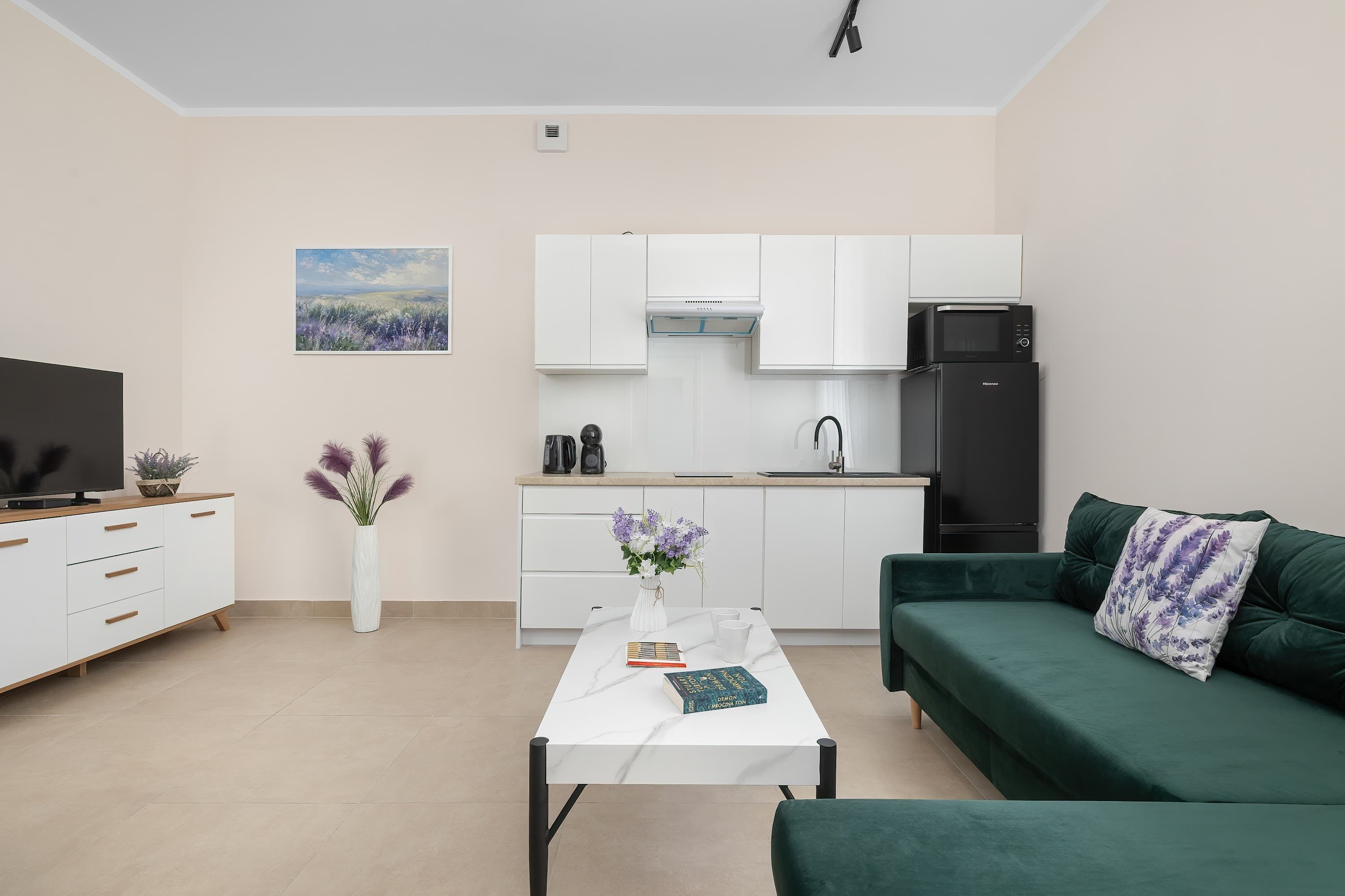 Eine moderne Wohnung mit Küche, Essbereich und Wohnzimmer.