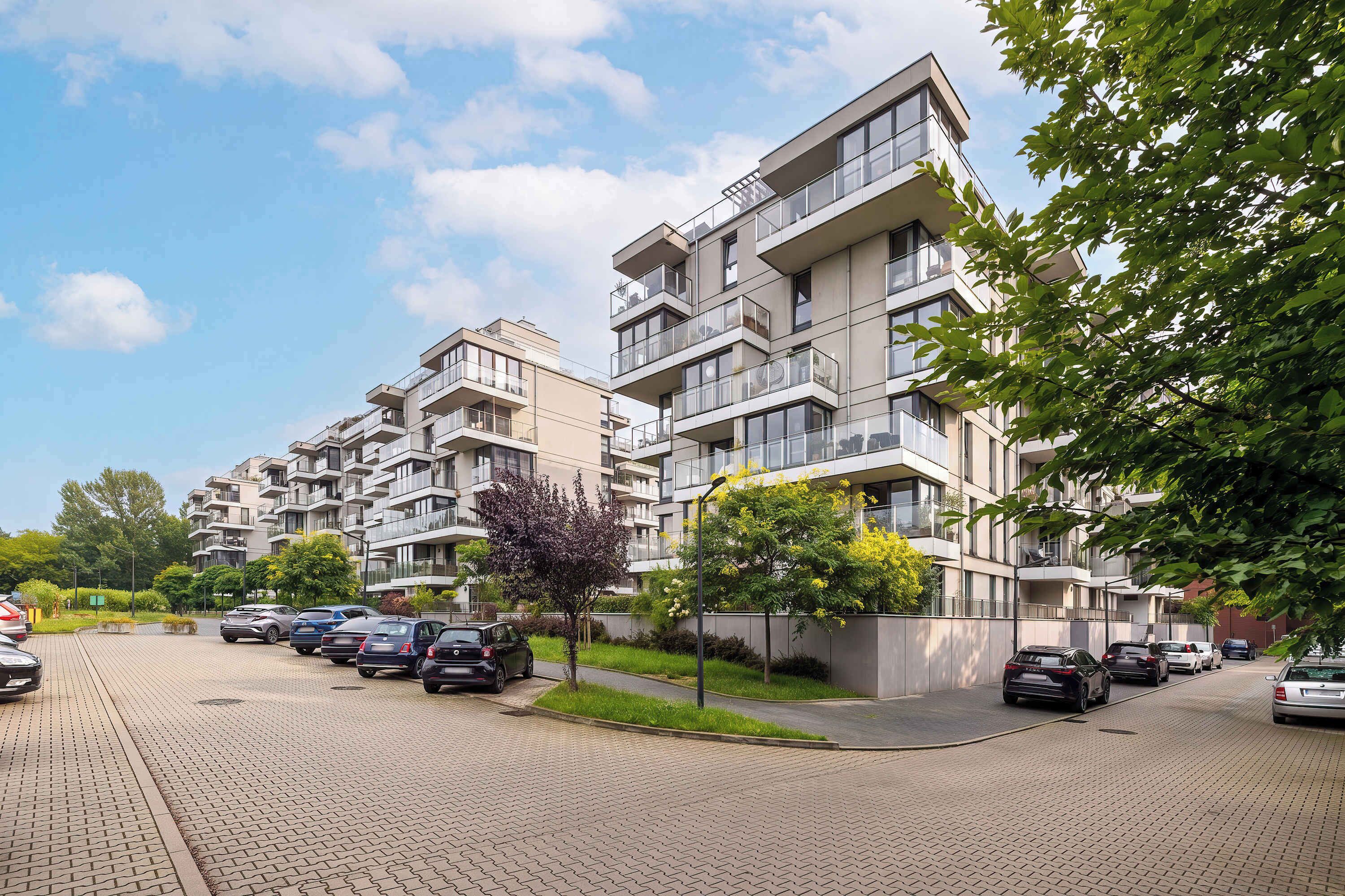 A modern apartment building with multiple balconies and a parking area.
