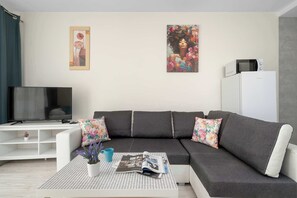 A modern living room with a grey sectional sofa, a flat-screen TV, a white cabinet, and two framed artworks on the wall. - Cozy Studio Near the Wisla River | Balcony | Zabłocie (Kraków)
