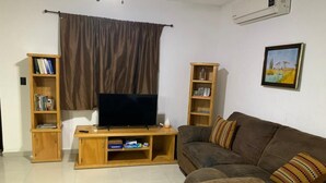 Un salon comprenant un canapé, un téléviseur et deux étagères en bois.