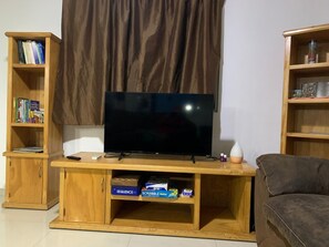 Ein Wohnzimmer mit Fernseher auf einem Holzboden, umgeben von Bücherregalen und einer Couch.