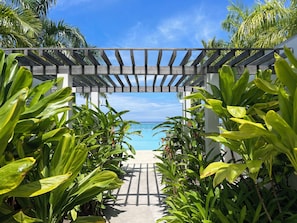 A pathway leading to a pool with a clear view of the ocean, surrounded by lush tropical plants.