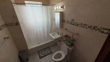 Hair dryer, towels, soap, toilet paper
