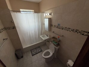 Hair dryer, towels, soap, toilet paper