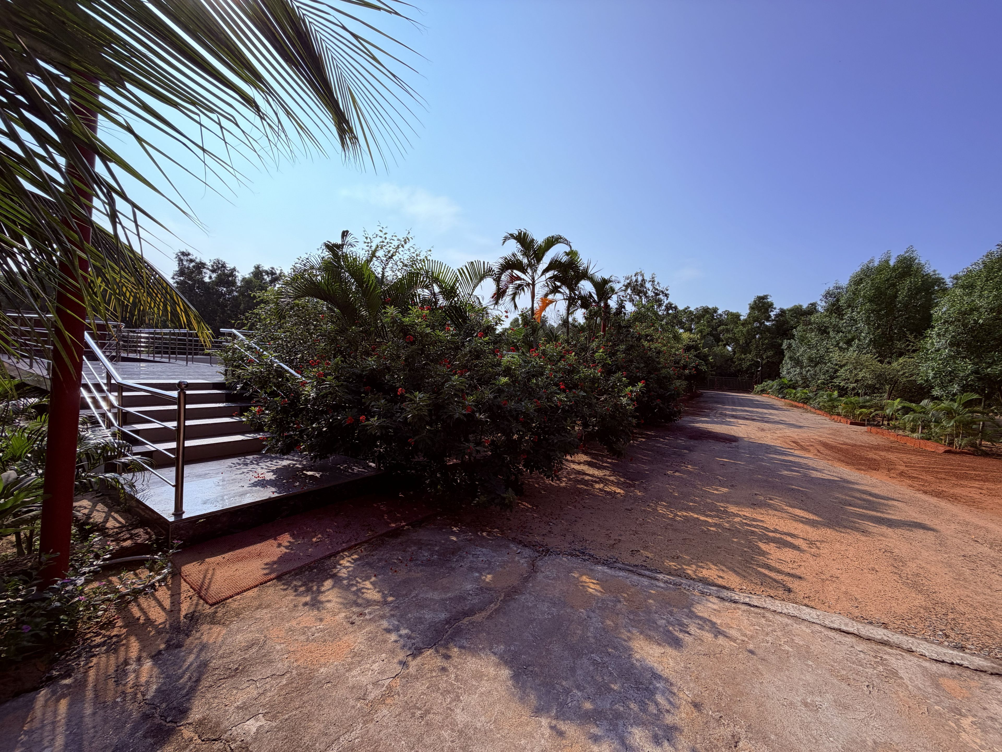 A paved pathway leading to a building with a staircase.