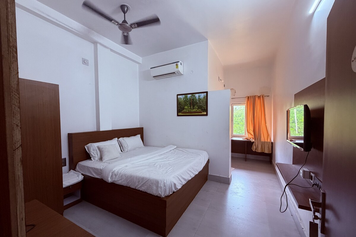 Un dormitorio con cama, ventilador de techo, aire acondicionado, televisor y ventana con cortinas.